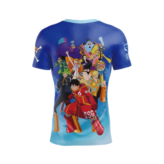 Maglietta uomo maniche corte - One Piece testa d'uovo Luffy e la ciurma blu
