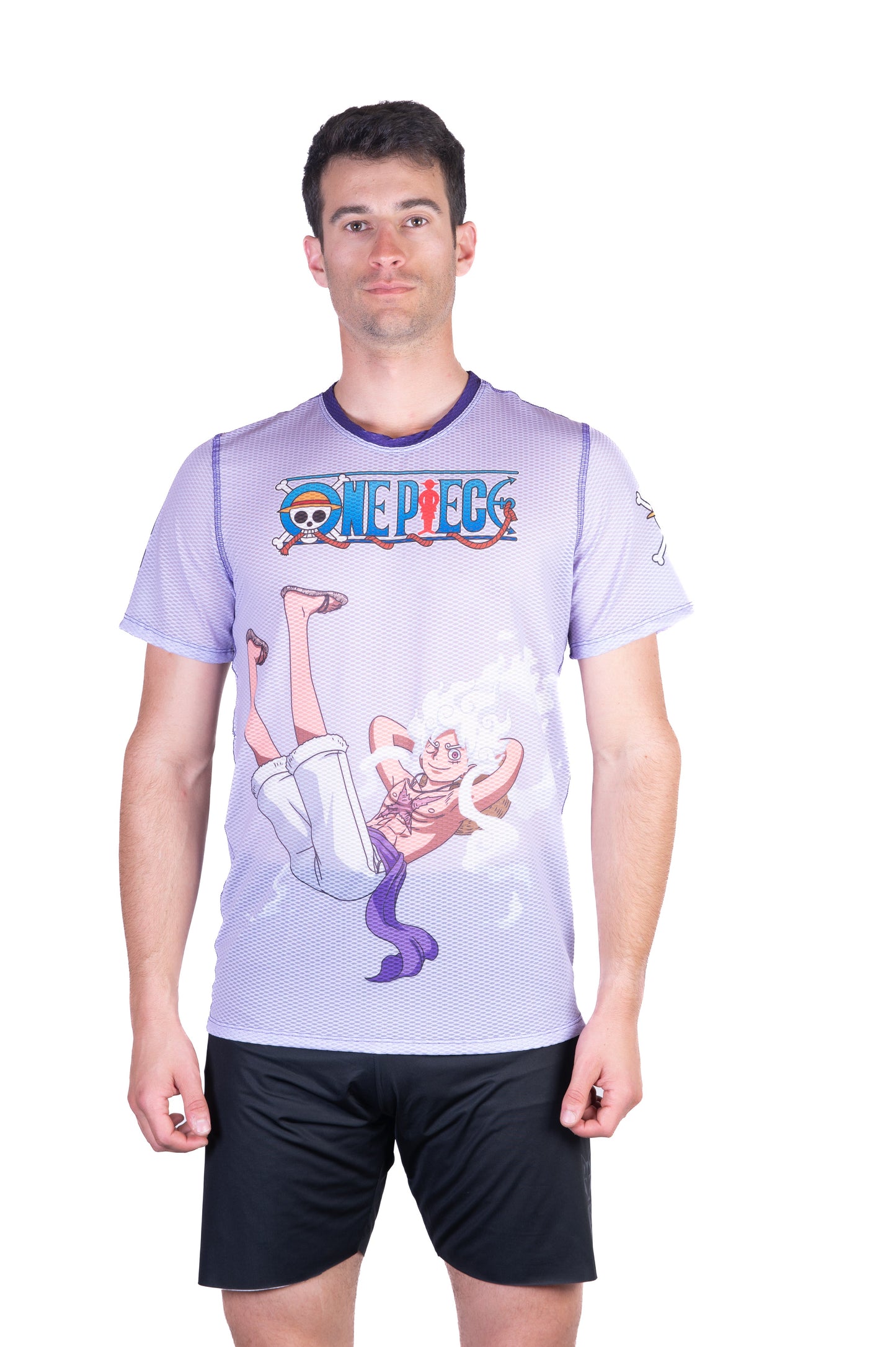 Herren-T-Shirt mit kurzen Ärmeln - One Piece Ei-Kopf Luffy Gear5 Lila