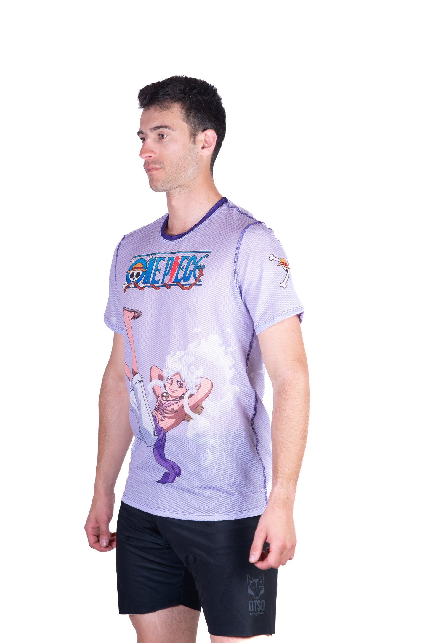 Herren-T-Shirt mit kurzen Ärmeln - One Piece Ei-Kopf Luffy Gear5 Lila